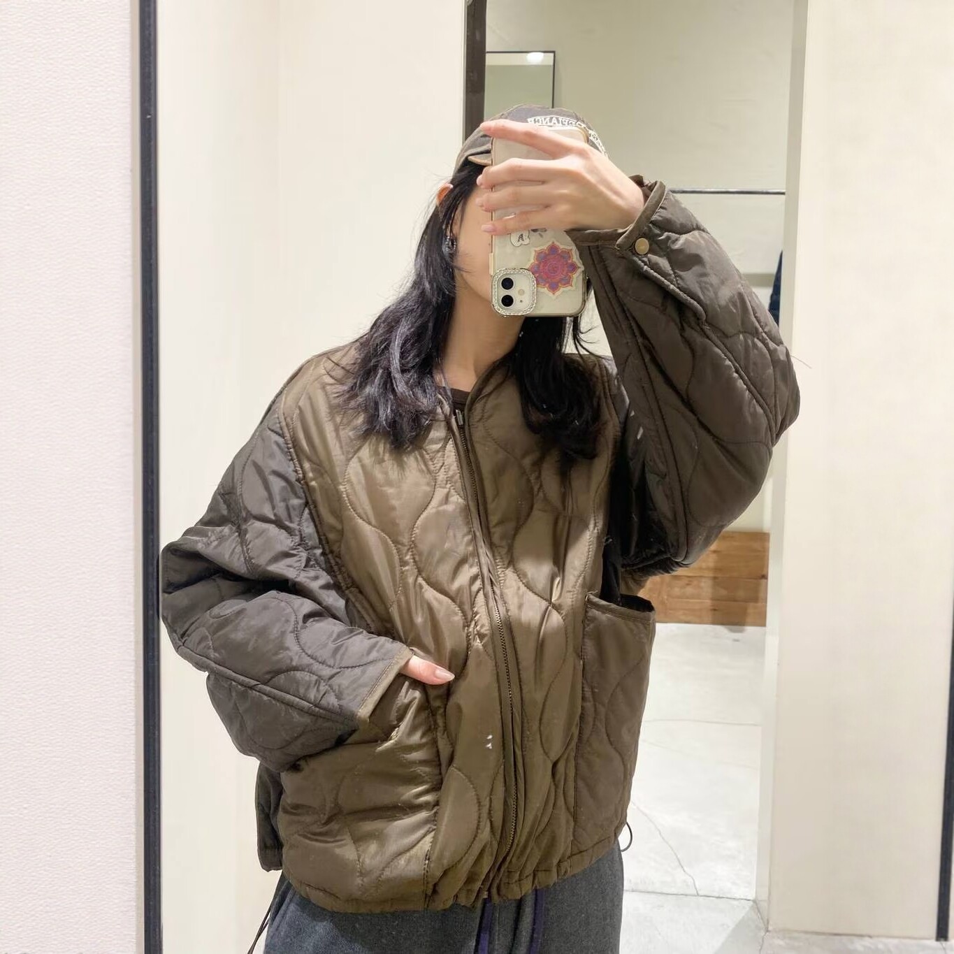 秋冬日系N双面穿拼色绗缝夹棉轻薄休闲抽绳设计复古棉衣外套