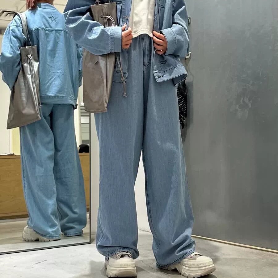 清 日系C+高腰纯棉流苏毛边五角星刺绣口袋直筒阔腿休闲牛仔长裤