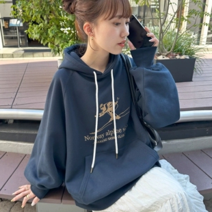 清 秋冬日系DC连帽胸前滑雪字母刺绣宽松中长款加绒男女情侣卫衣