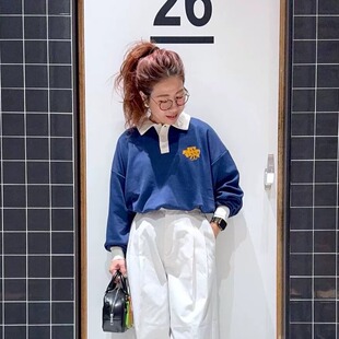 清 日系拼色领半开襟字母印花宽松中长款运动风休闲T恤 男女