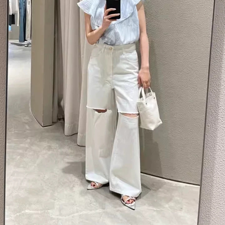 清 夏季日系小众SH高腰天丝棉流苏毛边破洞直筒阔腿休闲牛仔长裤