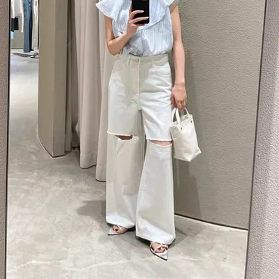 清 夏季日系小众SH高腰天丝棉流苏毛边破洞直筒阔腿休闲牛仔长裤