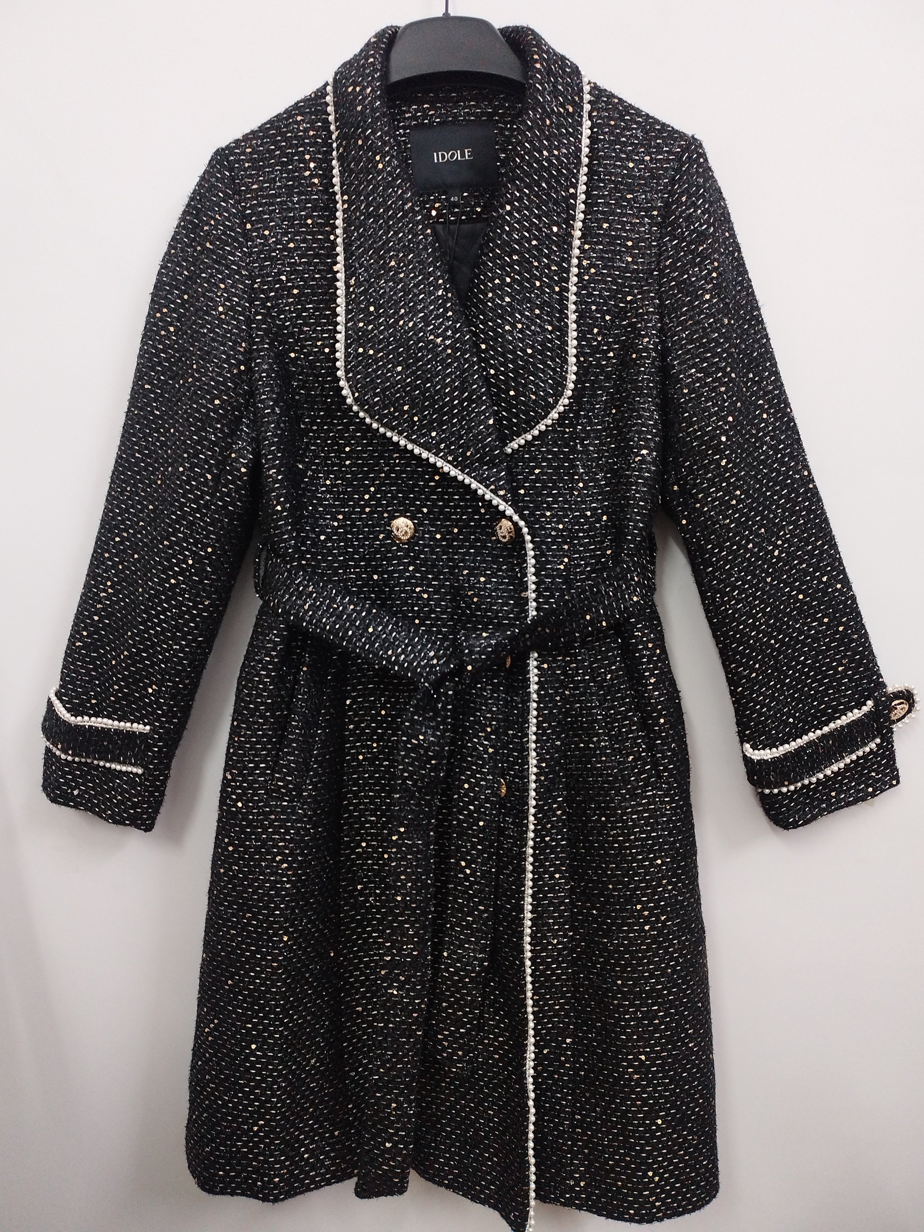 IDOLE奕多 高级感法式小香风双排扣亮片夹棉厚款毛呢大衣 S/L码