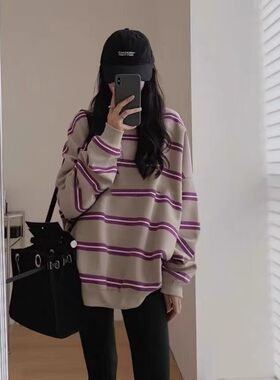 AIKE爱客 百搭慵懒风紫色条纹宽松OVERSIZE大码加绒卫衣 均码