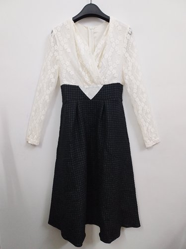 IDOLE奕多 高级感赫本风气质名媛蕾丝拼接撞色假两件连衣裙 S/M码