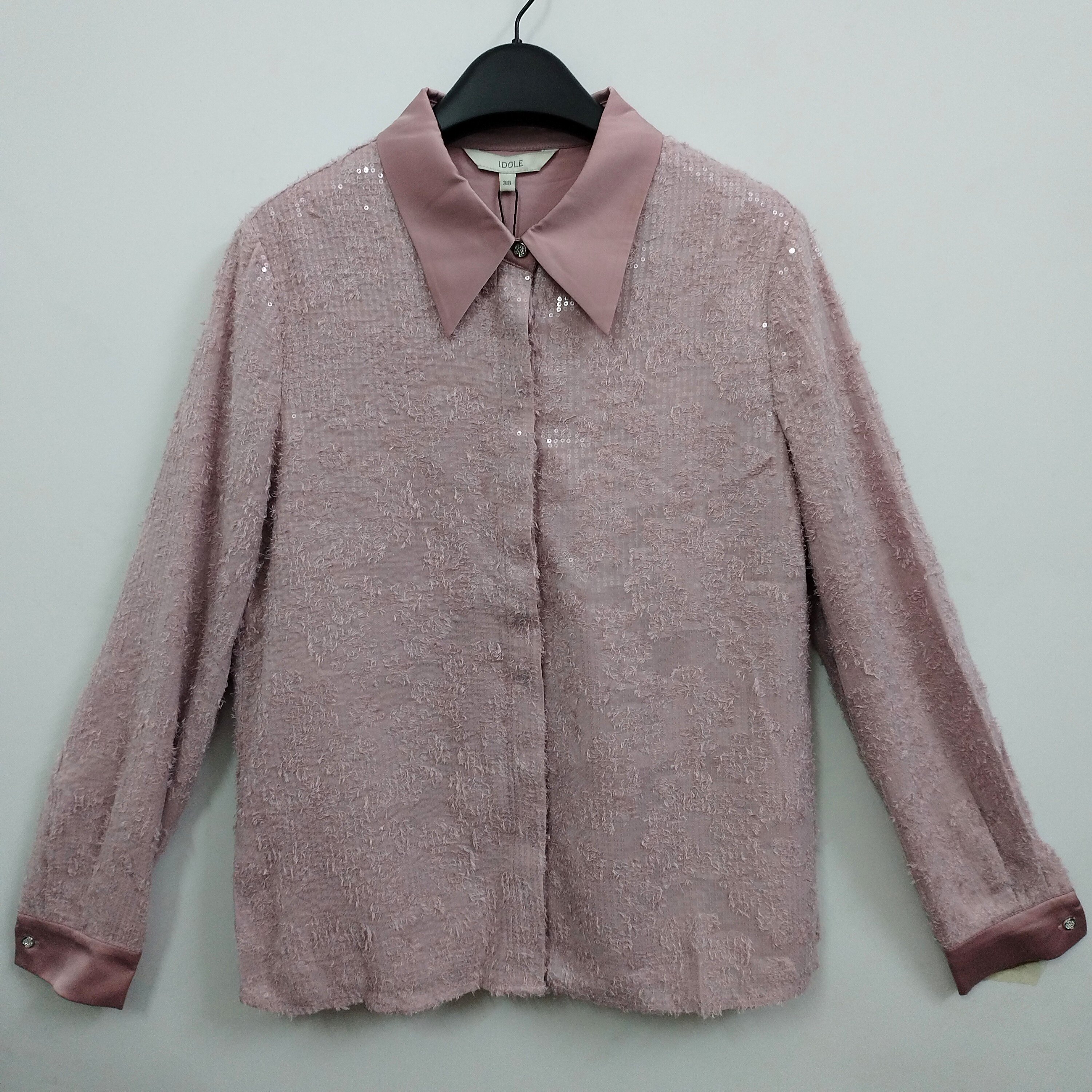 IDOLE奕多 高级感洋气气质优雅粉紫色蕾丝亮片拼接缎面衬衫 M码