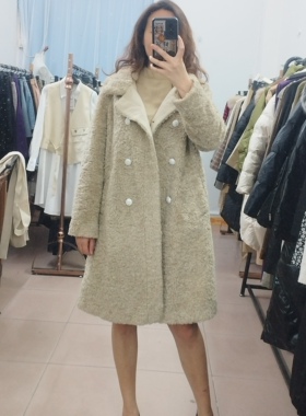 IDOLE奕多 高级感仿羊羔毛宽松立领双排扣仿皮草大衣外套 M码