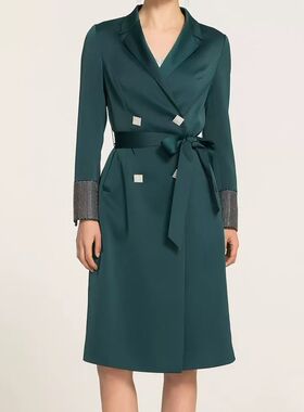 IDOLE奕多 高级感缎面气质西装领中长款风衣外套重工镶钻设计 S码