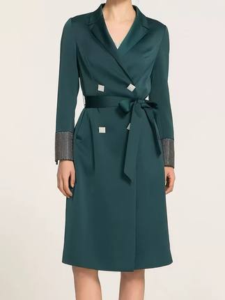 IDOLE奕多 高级感缎面气质西装领中长款风衣外套重工镶钻设计 S码