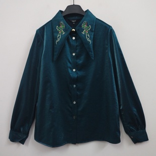 IDOLE 奕多 高级感复古丝光尖领刺绣 女厚款长袖衬衫 S/M/XL码