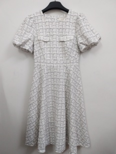 IDOLE奕多 法式小香风绒面泡泡袖大摆长款连衣裙 M码