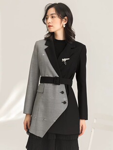 M码 VELWIN蔚雯 外套 高级感百搭格子拼接亮片气质中长款 西装
