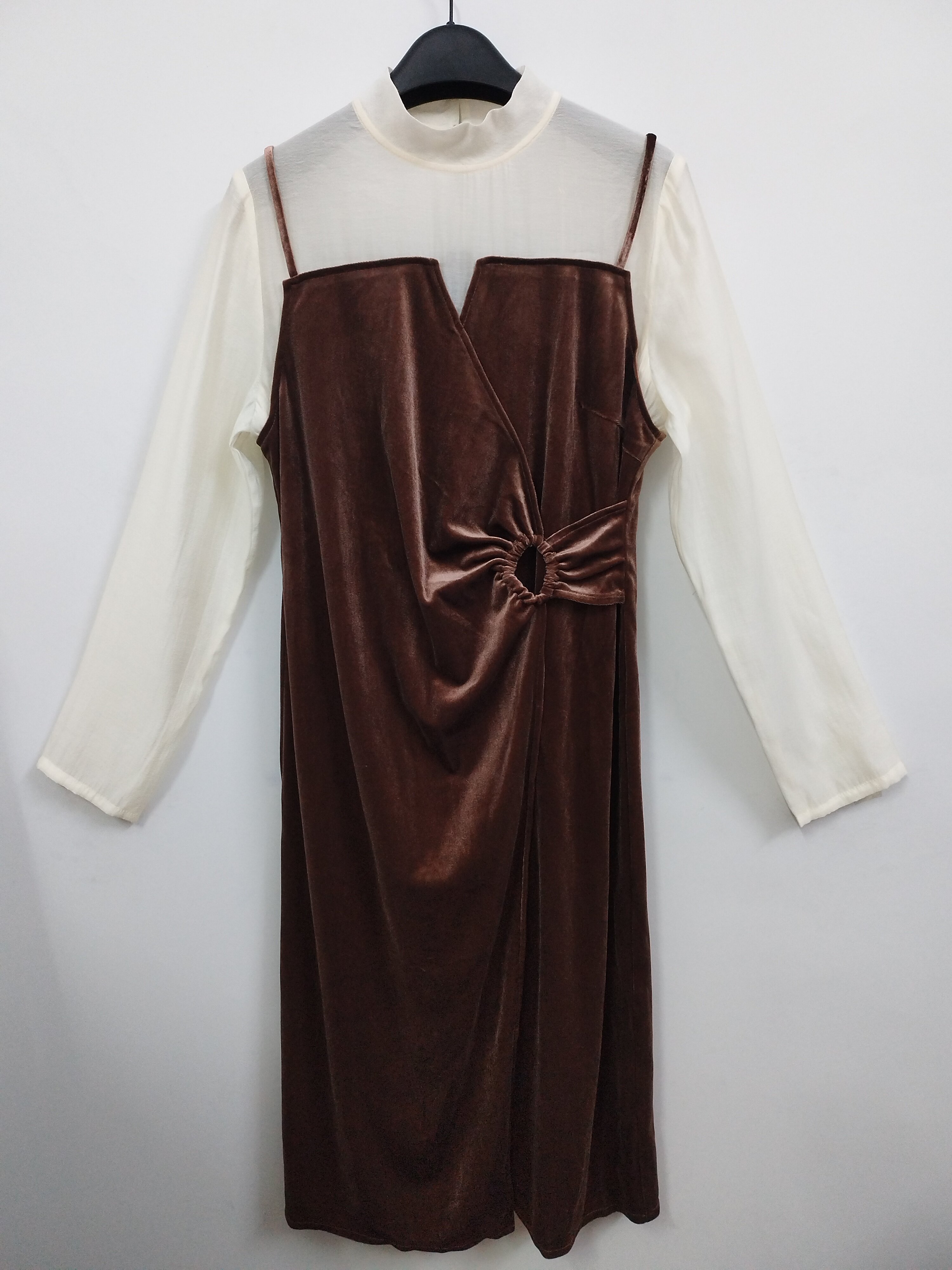 VELWIN蔚雯 复古丝绒拼接莱赛尔面料假两件收腰显瘦连衣裙 M/L码