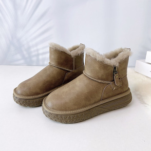 防水皮面雪地靴女款 皮毛一体牛皮全羊毛防滑短靴加厚保暖低帮靴子