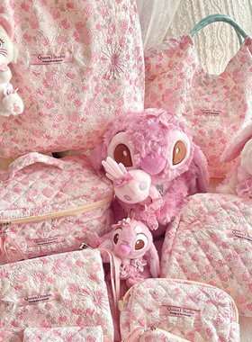 QueenJ Studio 樱花甜心化妆包大容量收纳包粉色单肩包手提抽绳袋