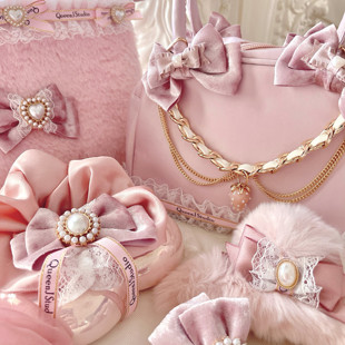 QueenJ Studio草莓恋人系列蕾丝手提包毛绒化妆包粉色系配饰发饰