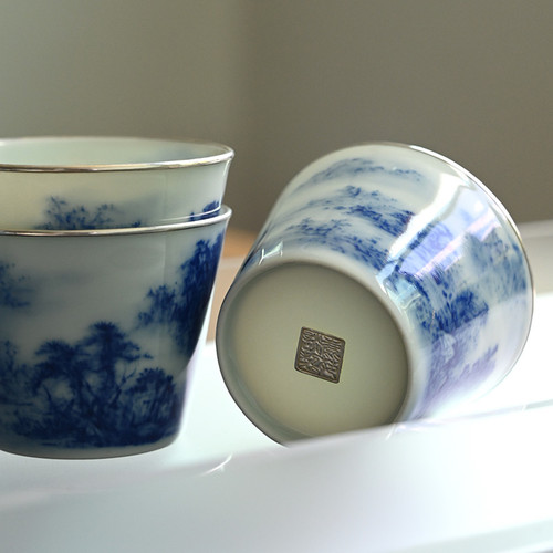 手绘青花山水非遗作品五客杯 坐拥江山系列陶瓷茶杯品茗杯包925银
