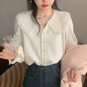 法式刺绣衬衫女春季甜美花边娃娃领衬衣气质长袖上衣XXJ23022428