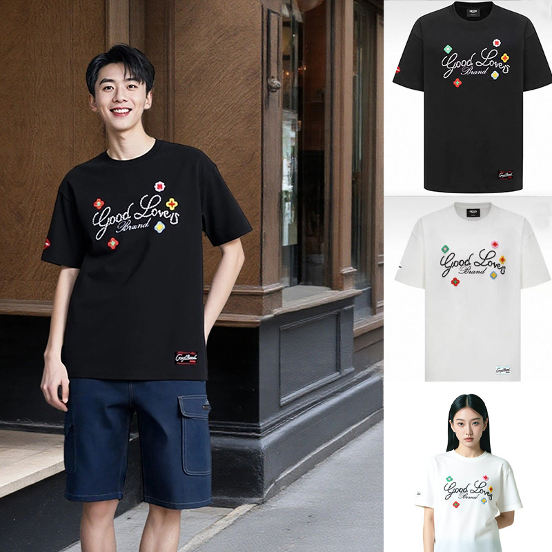 GOOD彩色花朵立体刺绣标语GOODLOVES短袖宽松T恤男女同款潮