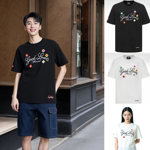 GOOD彩色花朵立体刺绣标语GOODLOVES短袖 潮 宽松T恤男女同款