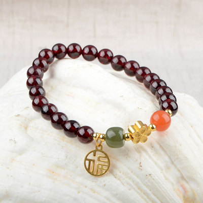 石榴石手链女酒红色水晶转运珠手串本命年生日礼物