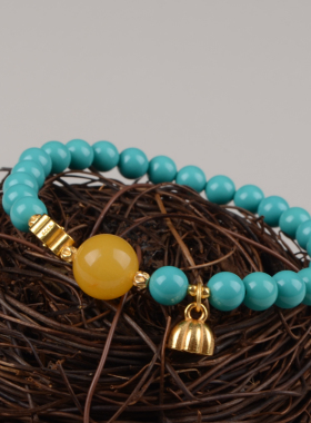 她世代蜜蜡菱镁矿仿绿松石圆珠手串湖绿色单圈手链文玩饰品