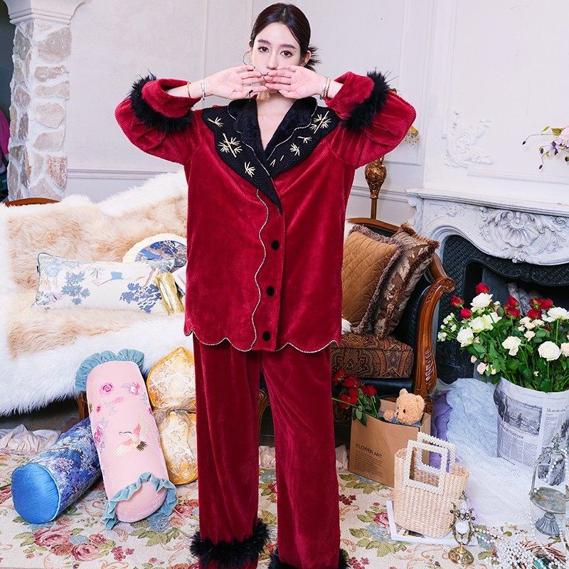 竹叶刺绣酒红色水钻撞色法兰绒睡衣女两件套装秋冬新婚家居服