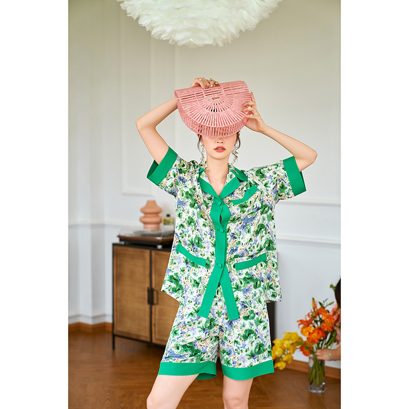衬衫领高级感冰丝睡衣女夏2021年新款短袖短裤两件套装家居服