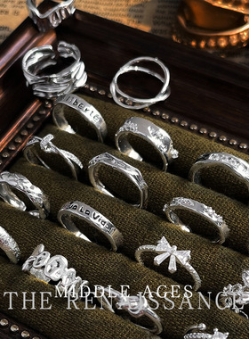 vintage中古风银色锆石戒指合集复古文艺开口食指戒小众轻奢手饰