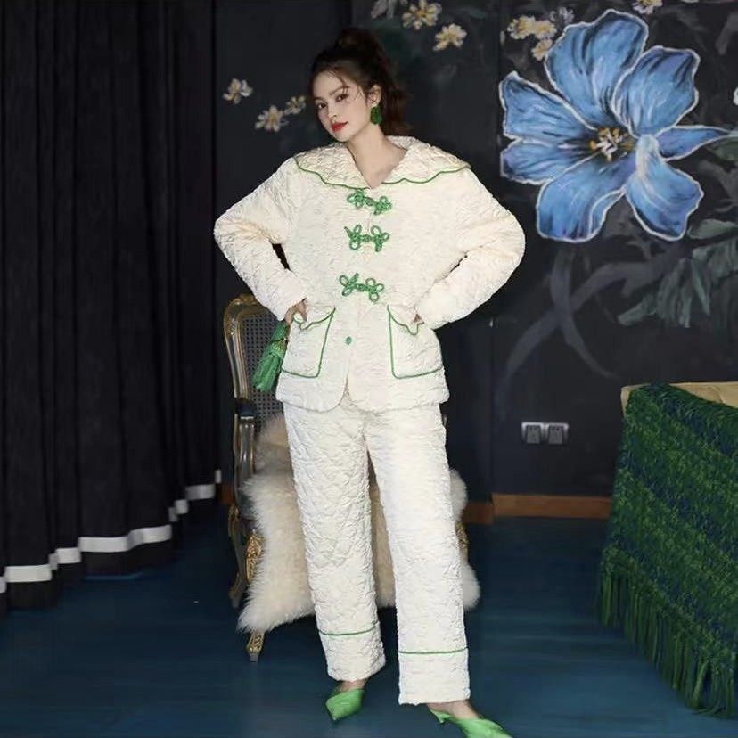 新中式奢华睡衣女冬长袖夹棉加厚加绒家居服套装国风外穿保暖