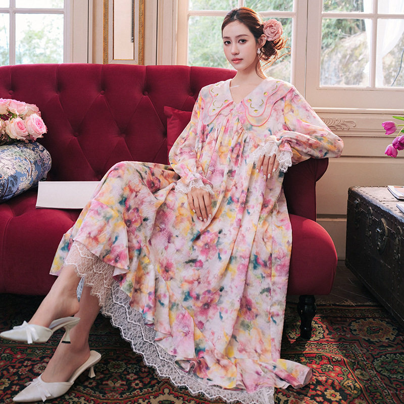 刺绣翻领仿真丝冰丝睡裙印花胸垫缎面睡衣家居服可外穿女春夏