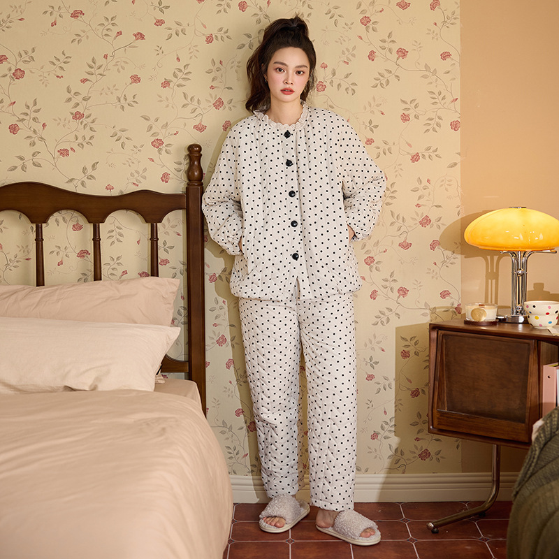 冬季新款三层夹棉加厚波点印花圆领绗棉复古睡衣女家居服两件套装