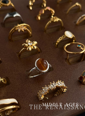 vintage中古风珐琅滴油文艺复古锆石戒指合集虎眼石食指戒可调节