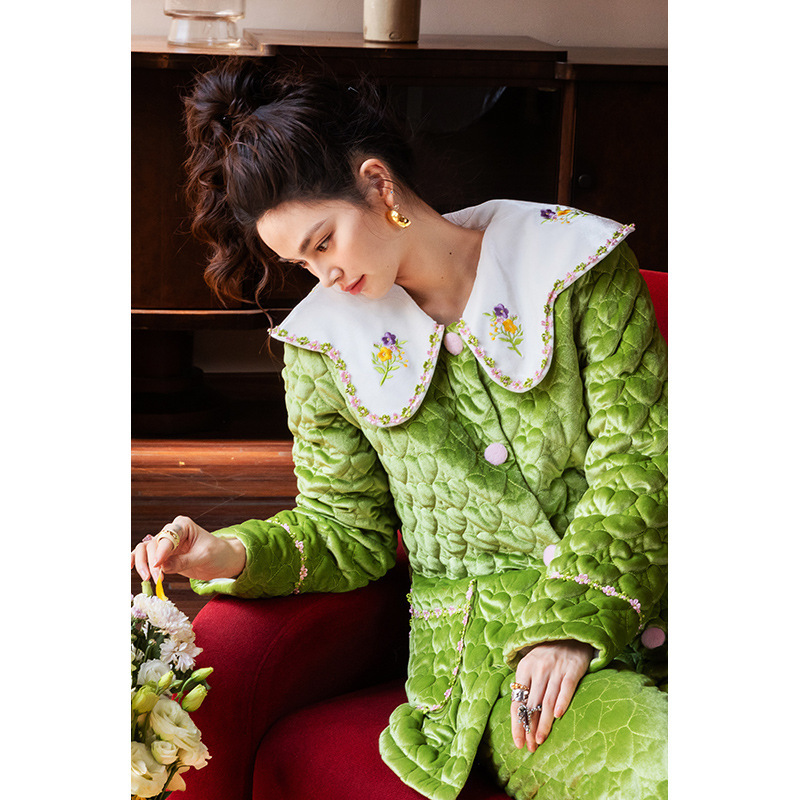 新款原创奶绿三层夹棉加绒加厚睡衣秋冬家居服两件套装外穿