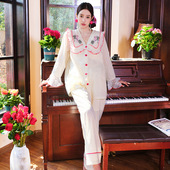 宽松吸汗透气棉睡衣女刺绣可拆卸胸垫柔软两件套蕾丝家居服可外