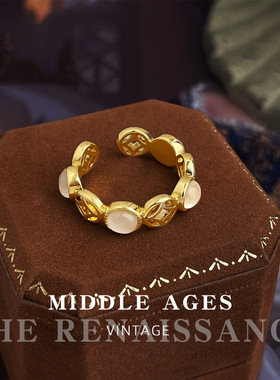 八方来财~vintage厚镀真金玻璃猫眼石戒指开口可调节极简风手饰女