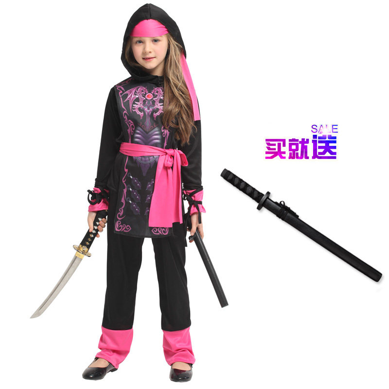 万圣节儿童节服装cos表演服饰 女童桃红忍者服刺客夜行衣服道具