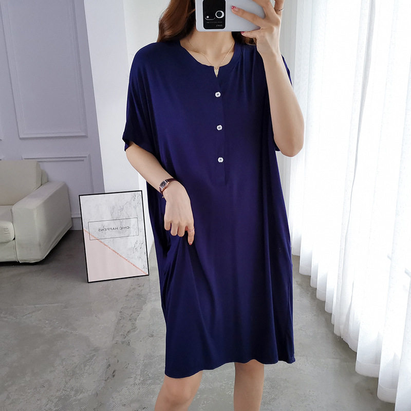 200斤加大码短袖睡裙夏季薄款莫代尔半开扣哺乳睡衣女外穿纯色