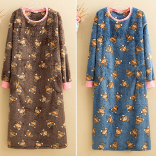 全包裹加长款珊瑚绒睡裙冬季女士大码法兰绒睡衣胖MM孕妇长裙加厚