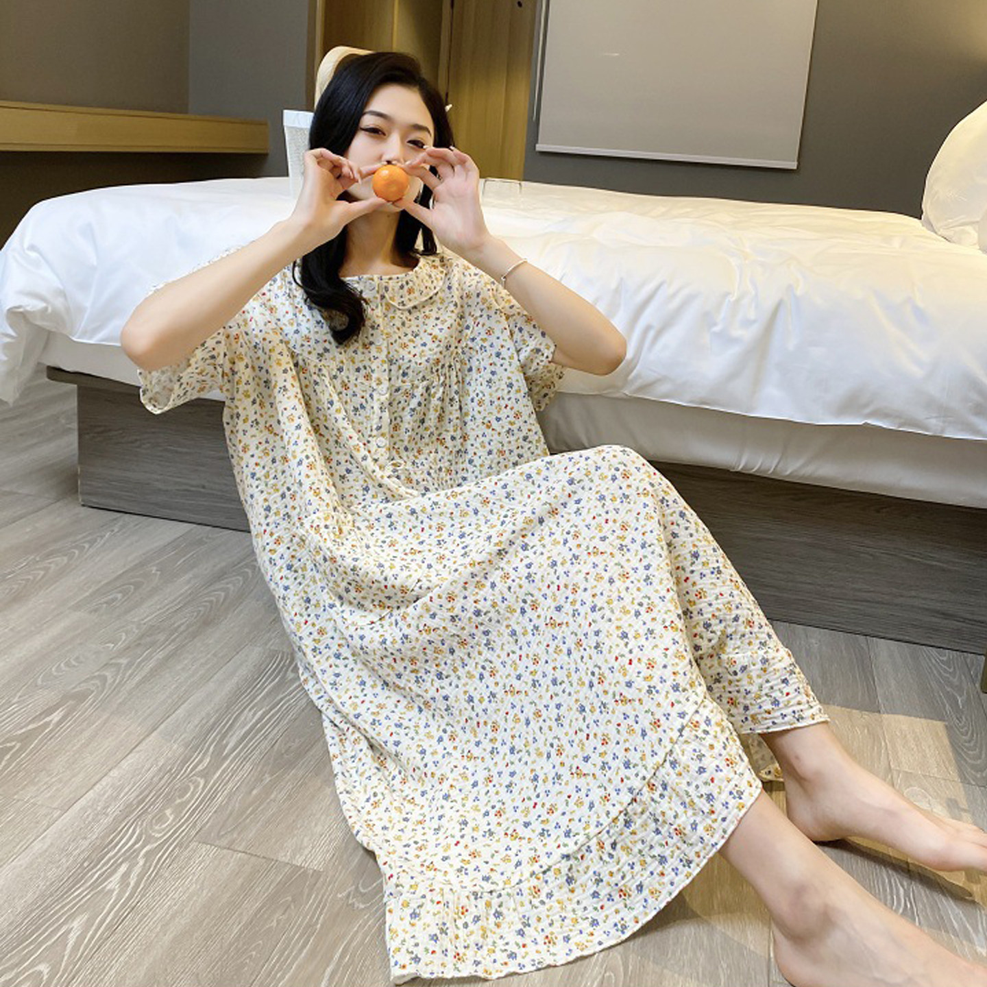 加肥加大长裙短袖睡衣夏季女士纯棉纱韩版睡裙大码胖MM孕妇家居裙