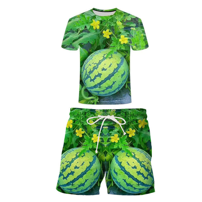 2026新款夏季西瓜图案广告服3D印花短袖套装男女青少年衣服店员服