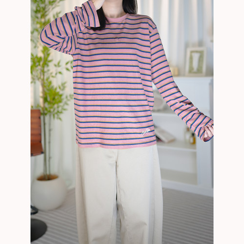 文艺条纹宽松长袖T恤棉麻版型