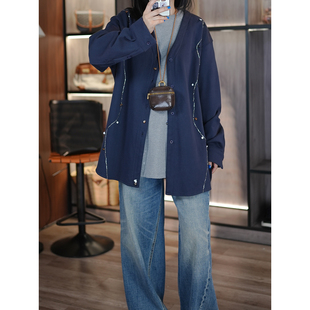 6号衣橱 l 重工百搭 全棉毛圈手工链条异形纽扣 V领宽松卫衣外套