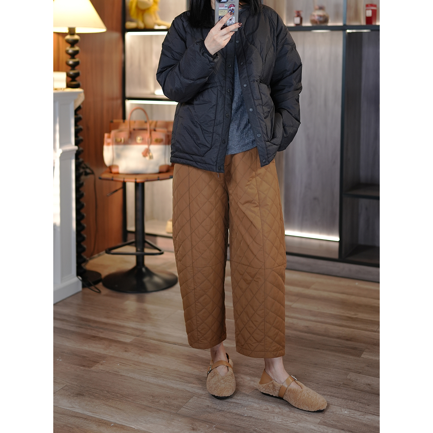 小狗与小孩菱格夹棉松紧腰棉裤