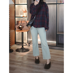 弹力磨毛薄绒洗水丹宁直筒百搭9分浅蓝牛仔裤 小狗出品 6号衣橱