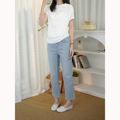 轻薄弹力莱卡棉洗直筒9分牛仔裤