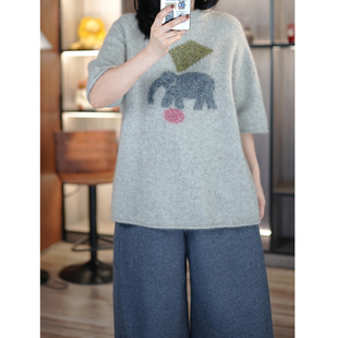 针织衫 复古百搭羊绒羊毛混纺卡通小象提花宽松圆领短袖 6号衣橱