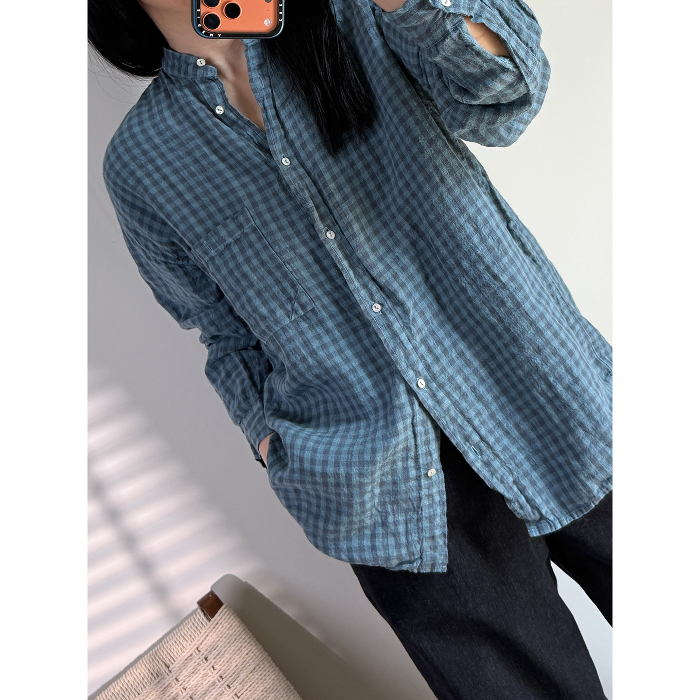 6号衣橱 l 日系文艺 色织天然亚麻立领宽松廓形短款长袖百搭衬衫
