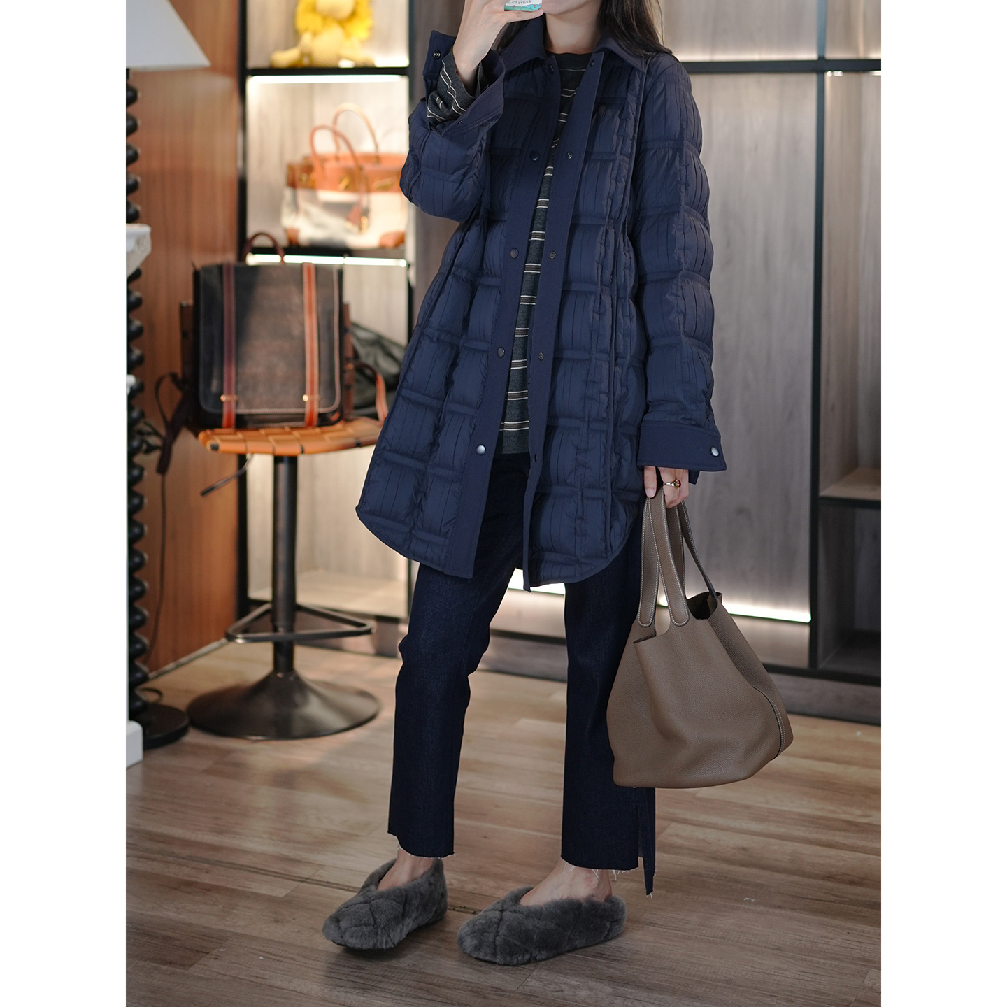 小众复古压褶绗缝衬衫款羽绒服