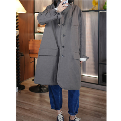 日系复古亚麻棉纺立领风衣外套